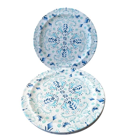 ACADIA HOME Melamine 10.5" Dinner Plates Set 4 Blue Teal White Iznik Print NEW - Picture 2 of 10